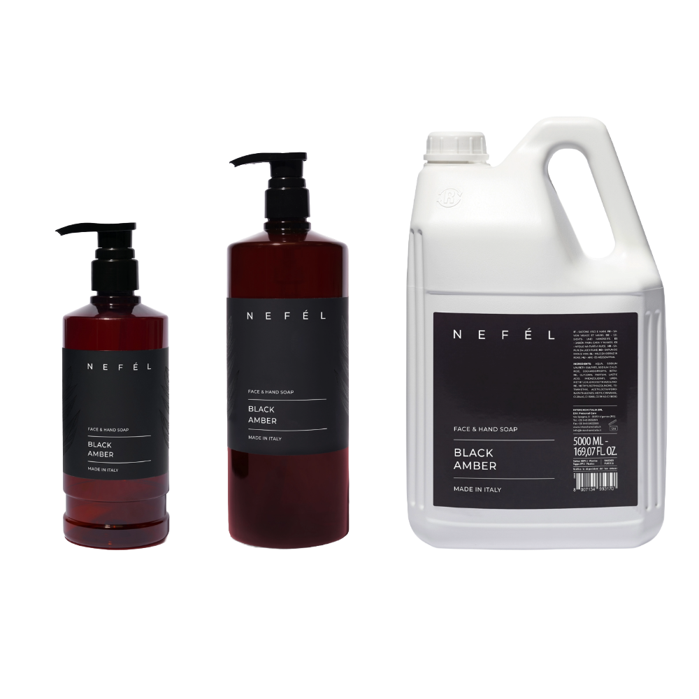 Sapone Viso e Mani Nefél Black Amber 480ml/1000ml/5000ml – Alchimia d’Oriente per la Cura delle Mani e del Viso